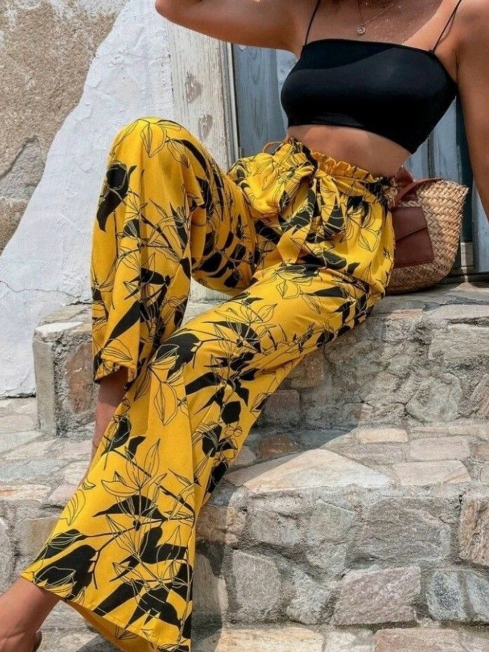 SHEIN Yellow Wide-Leg Floral Print Pants